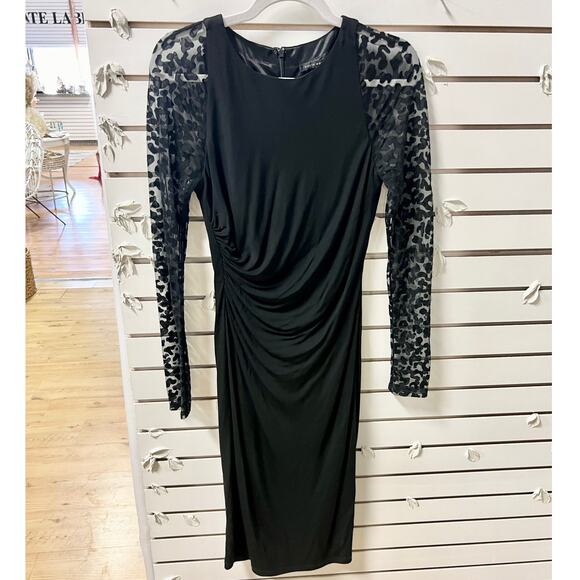 David Meister Leopard Print Sheer Sleeve Ruched Side Midi Sheath Dress Black 6 - Picture 1 of 6